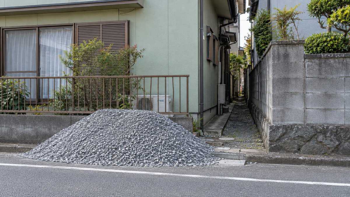家の前に下ろされた砂利の山と狭い通路