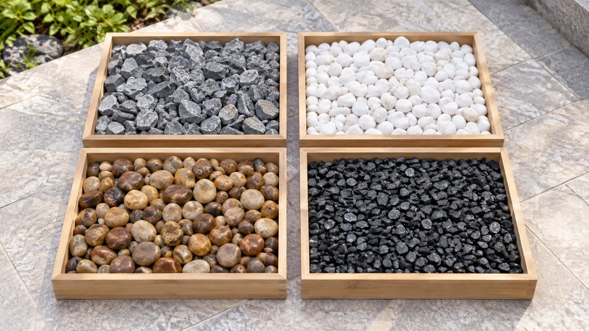 グレーの砕石・白い化粧砂利・茶色の玉砂利・黒い砂利の見本