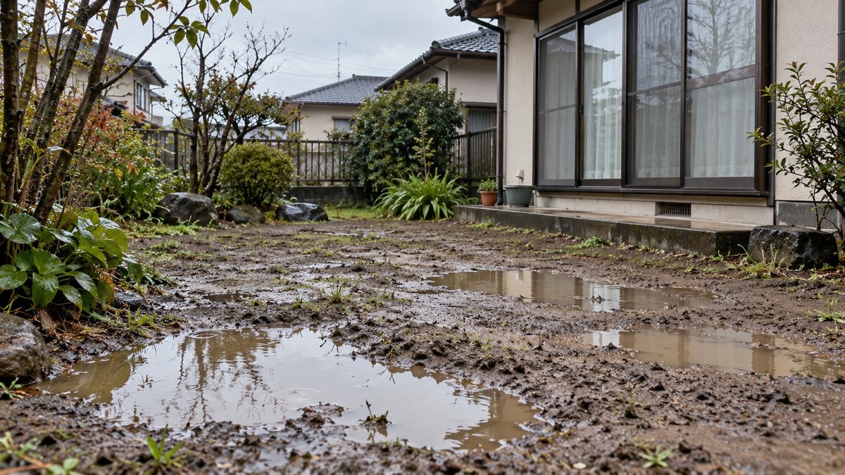 雨のあとに水たまりができた庭