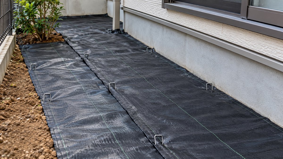 整地のあとに防草シートを敷いた庭