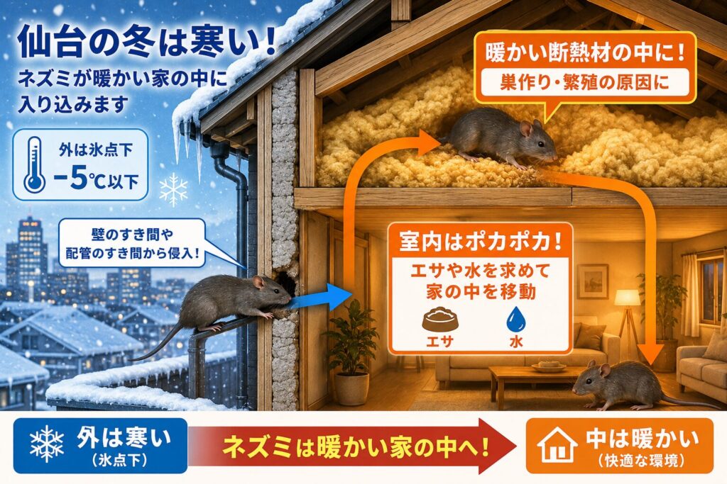 仙台市でネズミ被害が多い場所と冬季の季節性侵入メカニズム