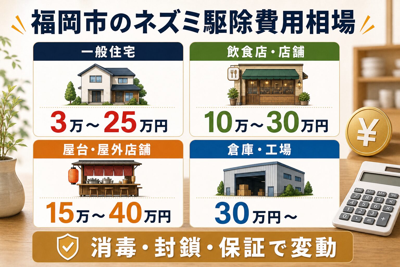 福岡市のネズミ駆除費用相場を一般住宅・飲食店・屋台・倉庫別に示した図解