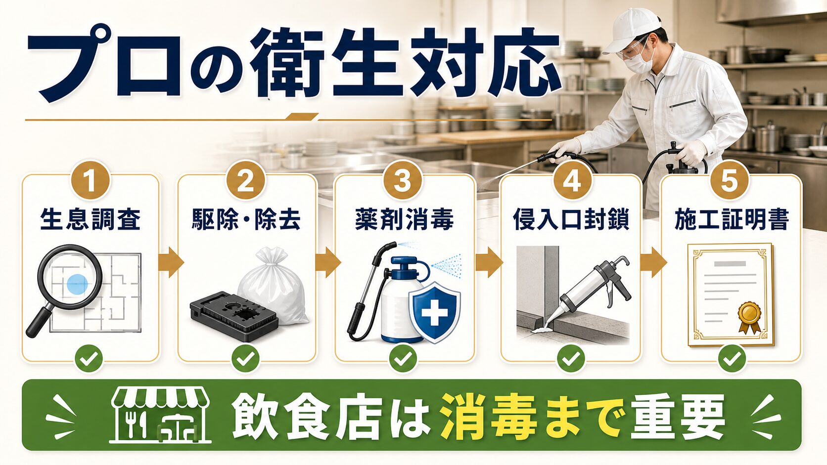 プロのネズミ駆除で行われる生息調査・駆除除去・薬剤消毒・侵入口封鎖・施工証明書の流れ