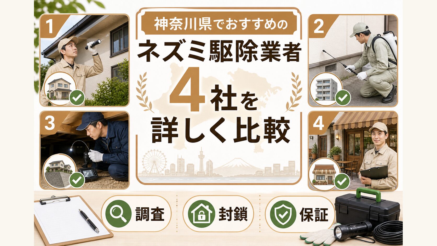 神奈川県対応のネズミ駆除業者4社を詳細比較するイメージ