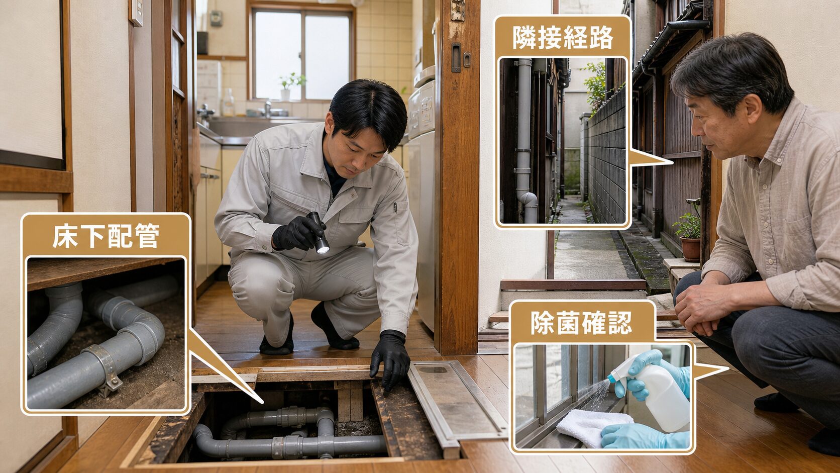 浪速区の築古長屋で床下配管や隣接経路を点検するネズミ駆除業者