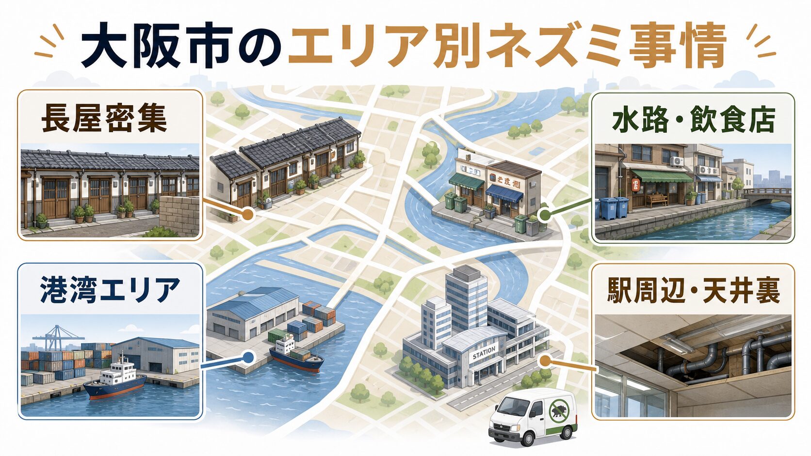 大阪市の長屋密集地や水路や港湾などエリア別ネズミ事情