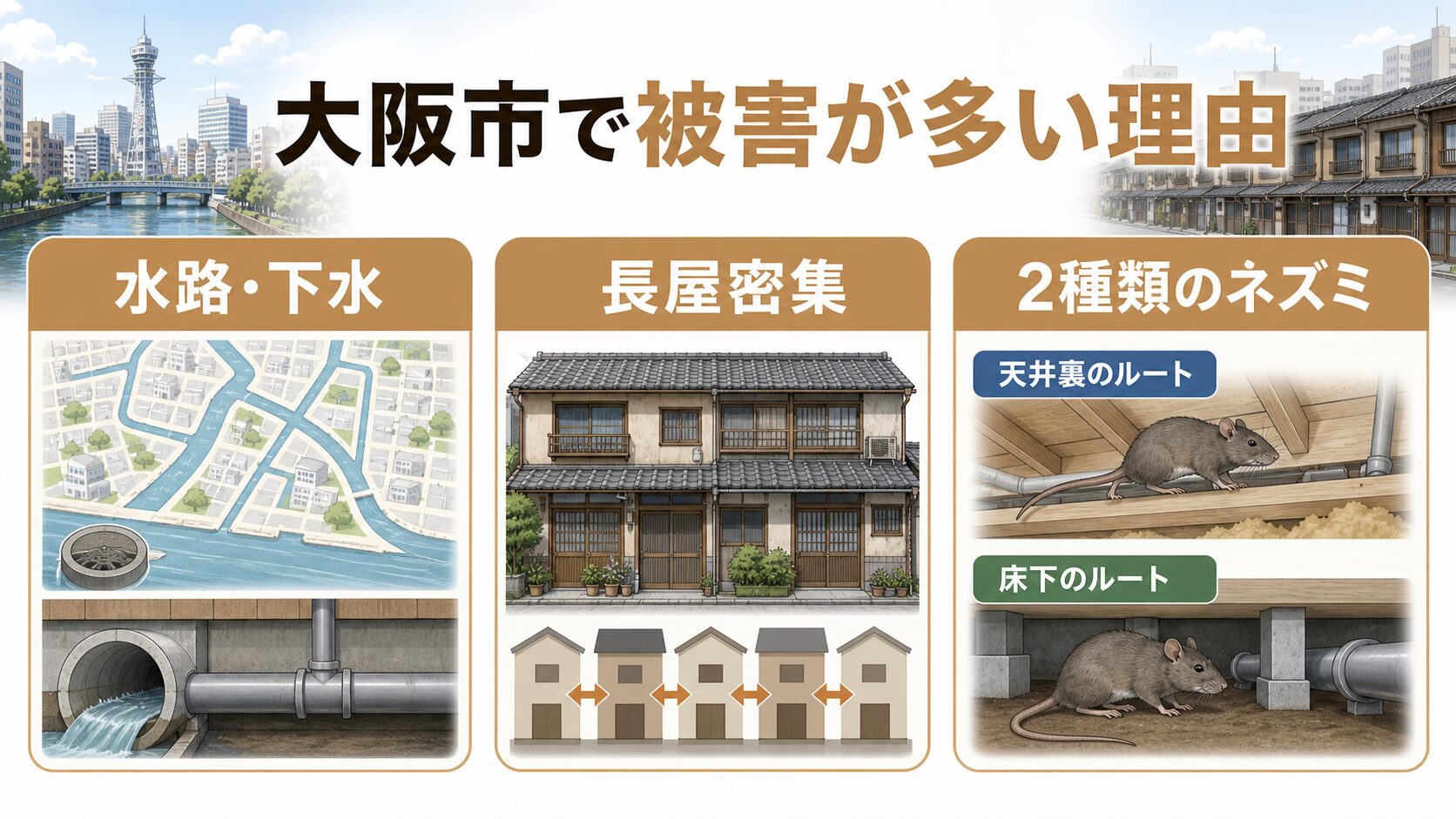 大阪市でネズミ被害が多い水路と長屋と密集住宅の環境