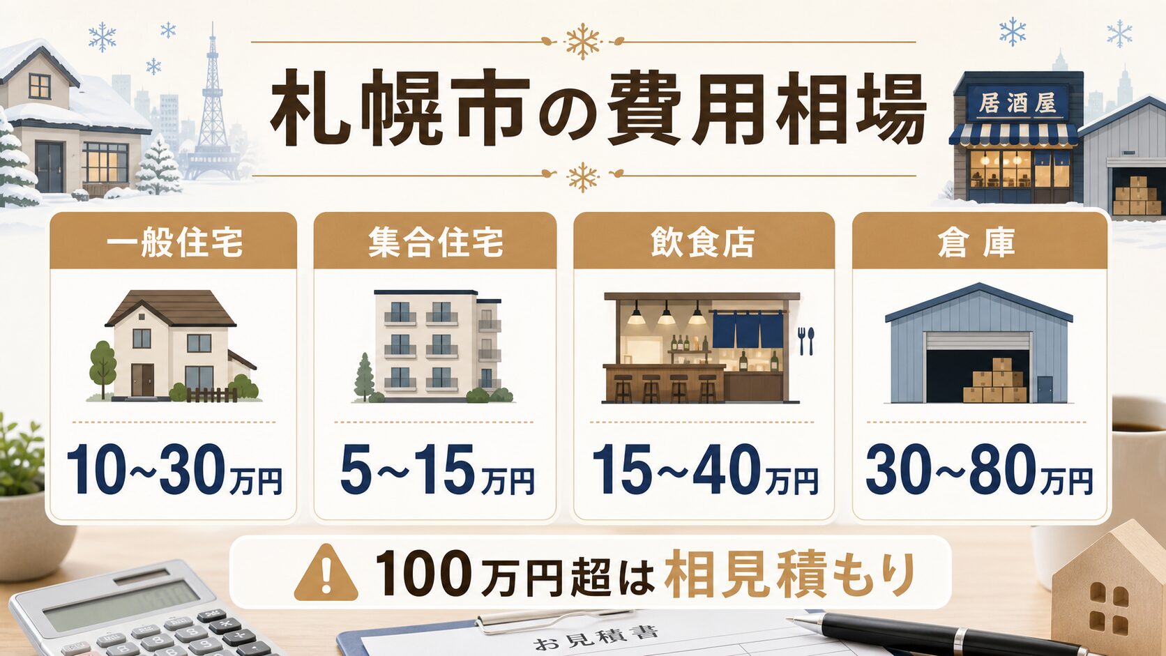 札幌市のネズミ駆除費用相場を一般住宅・集合住宅・飲食店・倉庫別に示す図解