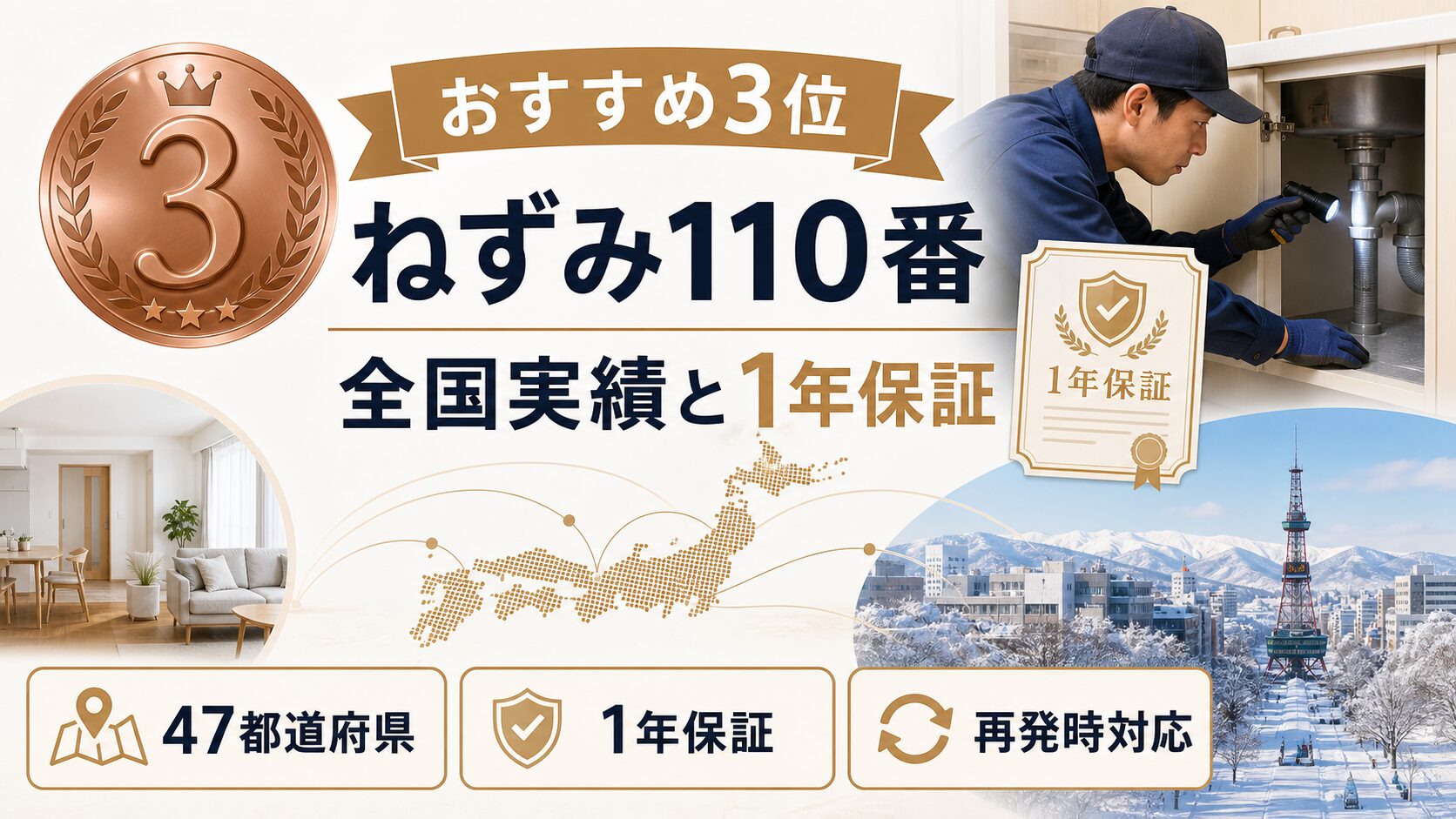 札幌市のネズミ駆除おすすめ3位としてねずみ110番の全国対応と1年保証を示す画像