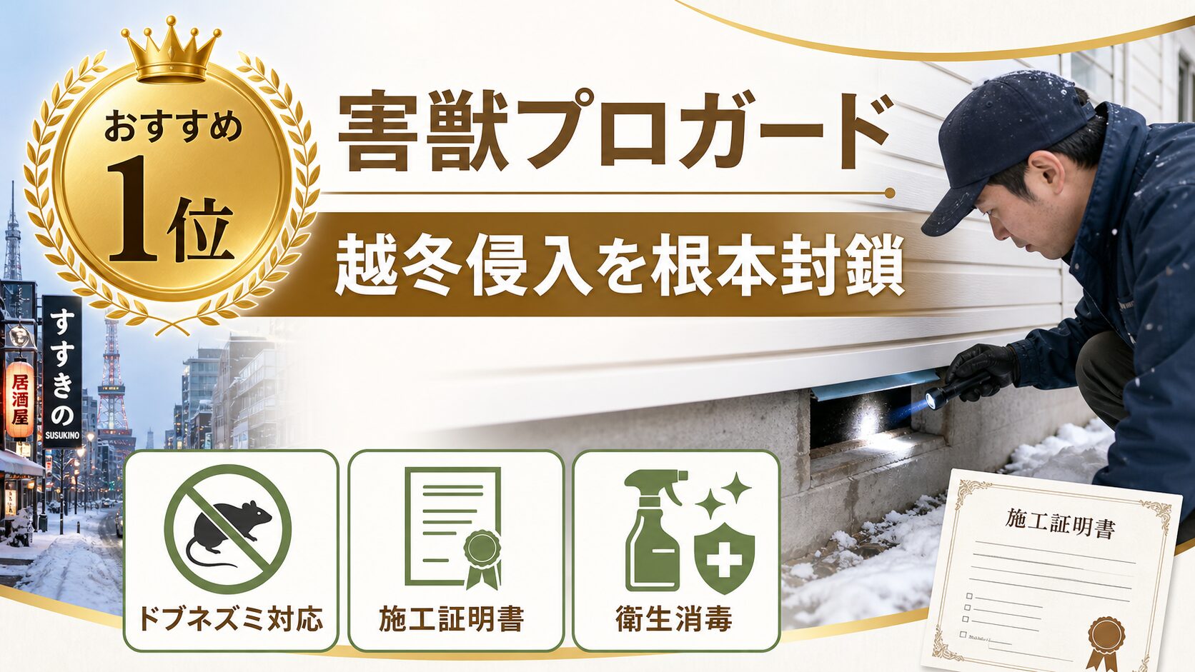 札幌市のネズミ駆除おすすめ1位として害獣プロガードの越冬侵入対策を示す画像