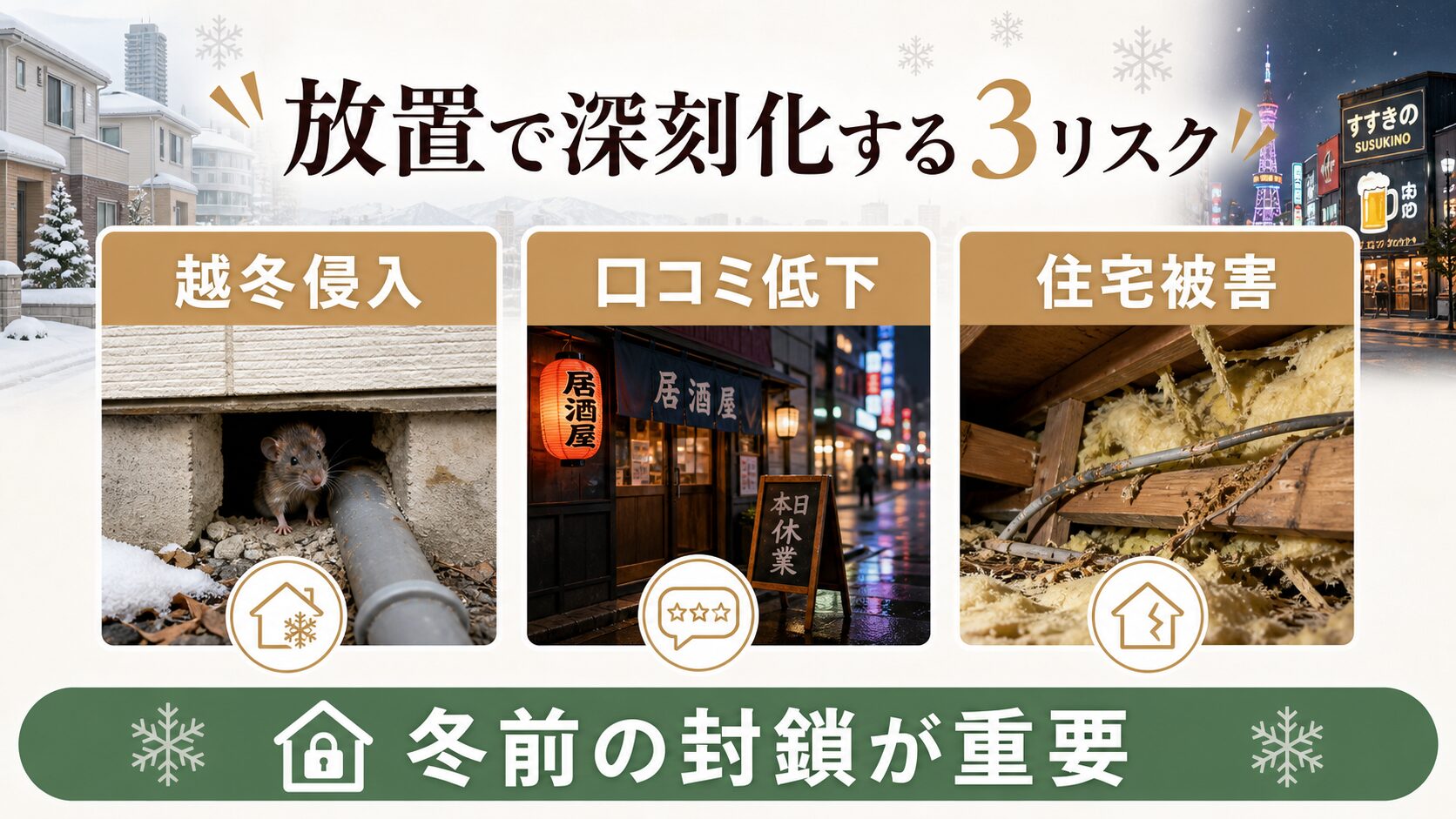 札幌市でネズミを放置した場合の越冬侵入・口コミ低下・住宅被害リスク