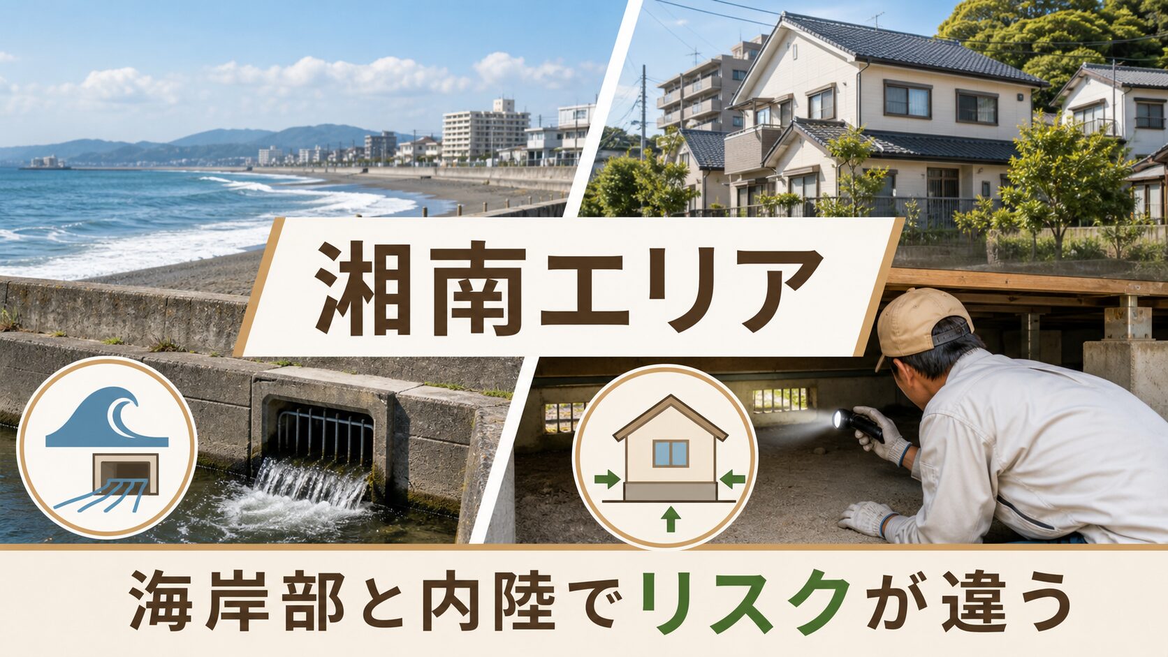湘南エリアで海岸部と内陸のネズミ被害リスクが異なることを示す図解