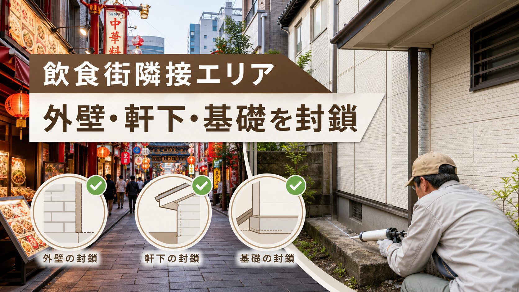 横浜市の飲食街隣接エリアで外壁や軒下や基礎を封鎖する様子