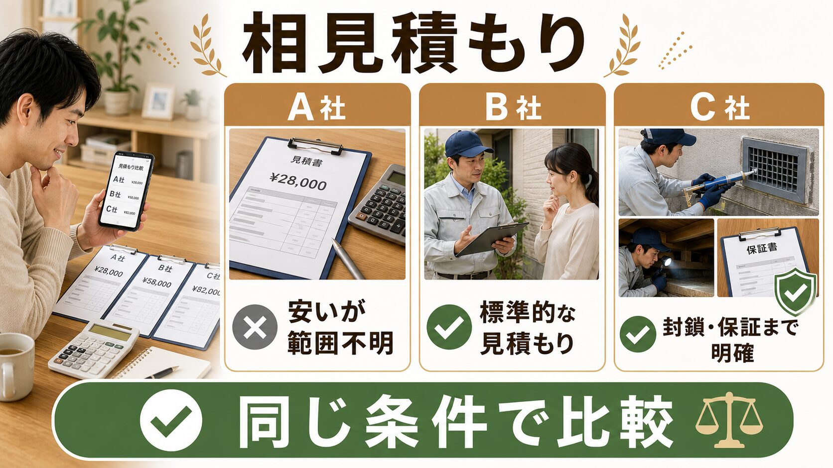 大分市のネズミ駆除で相見積もりの違いを比較する図解
