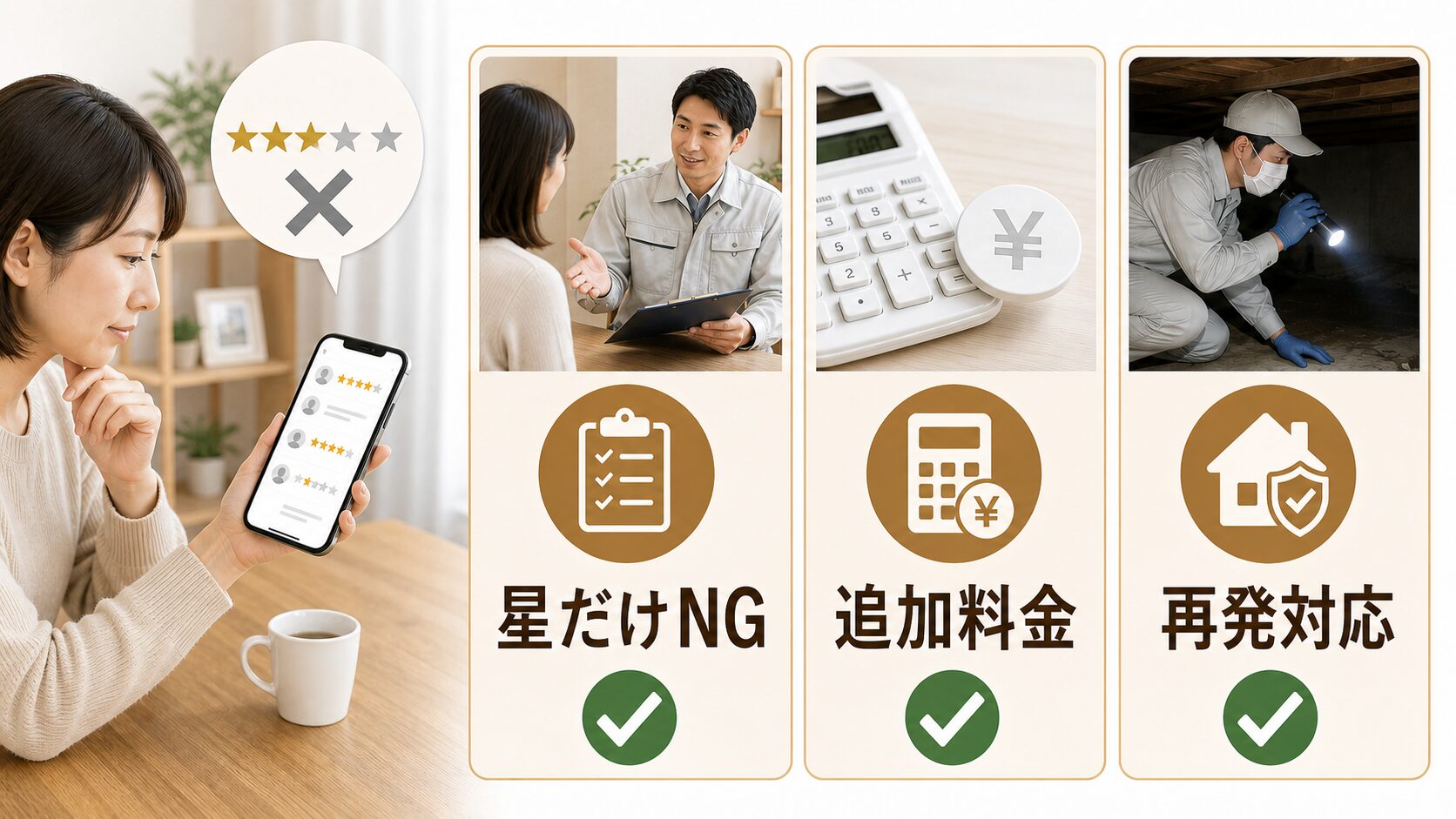 口コミの星評価だけでなく追加料金と再発対応を確認する図解