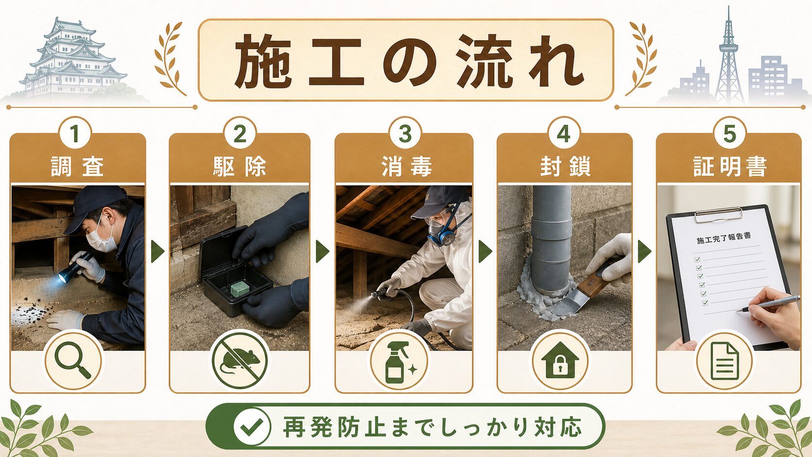 名古屋市のネズミ駆除で名古屋市のネズミ駆除・施工の流れを解説するイメージ