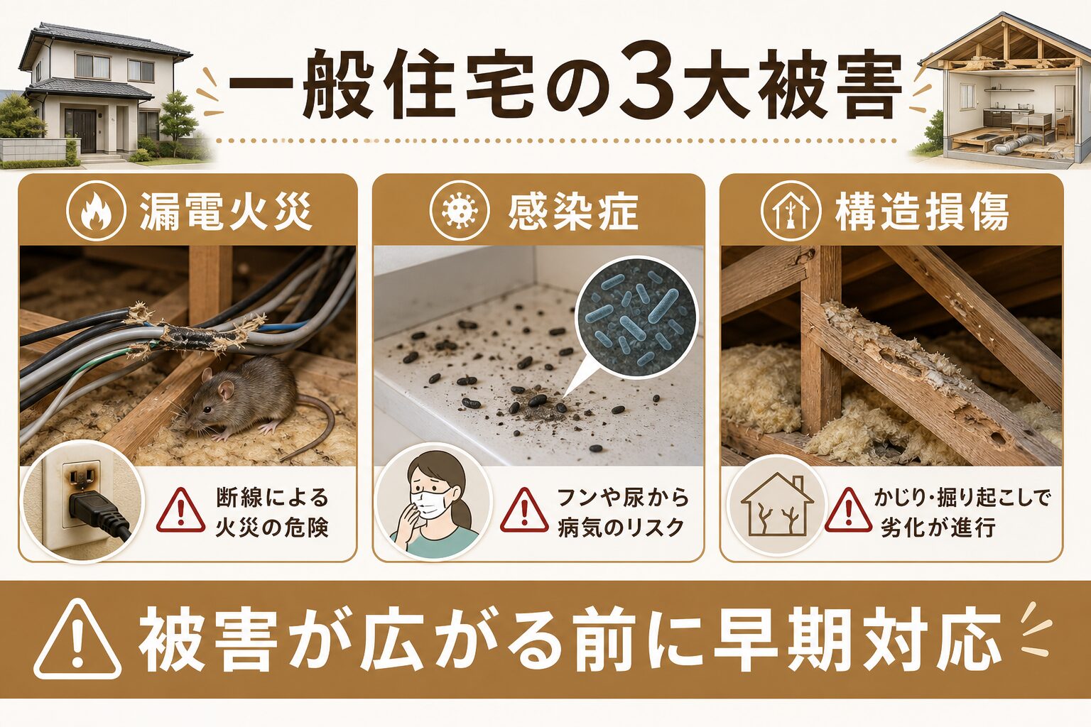 住宅でネズミが引き起こす3大被害を解説する図解