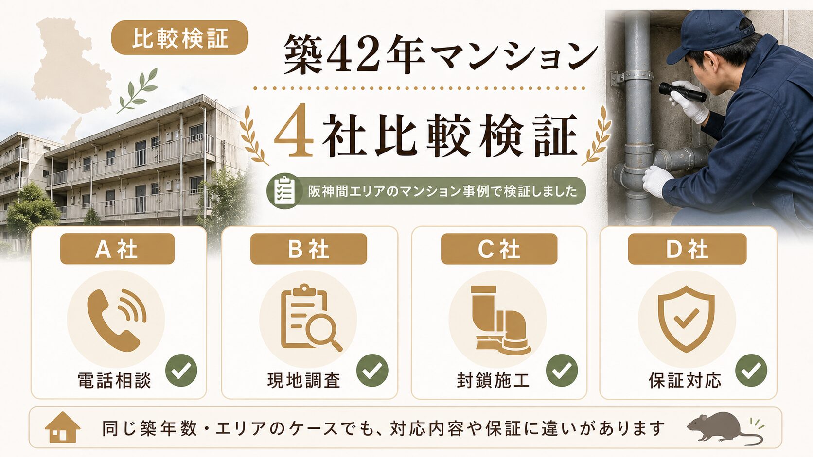 築42年の阪神間マンションで4社を比較検証するイメージ図
