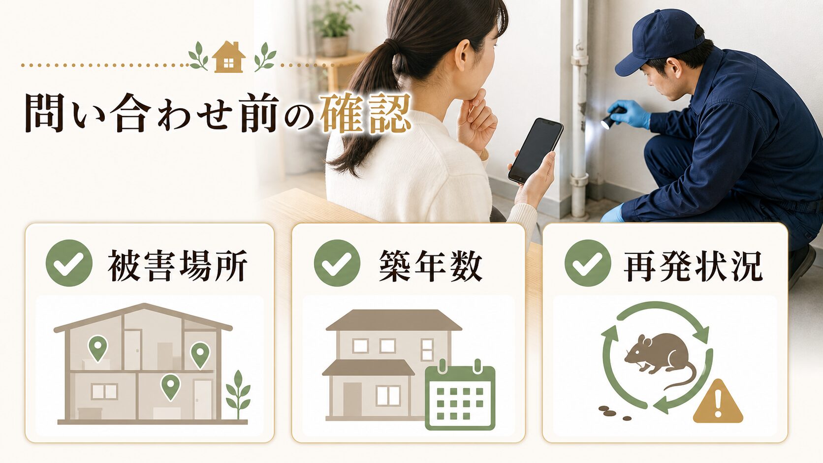 ネズミ駆除業者へ問い合わせる前に被害場所や築年数を確認する図解