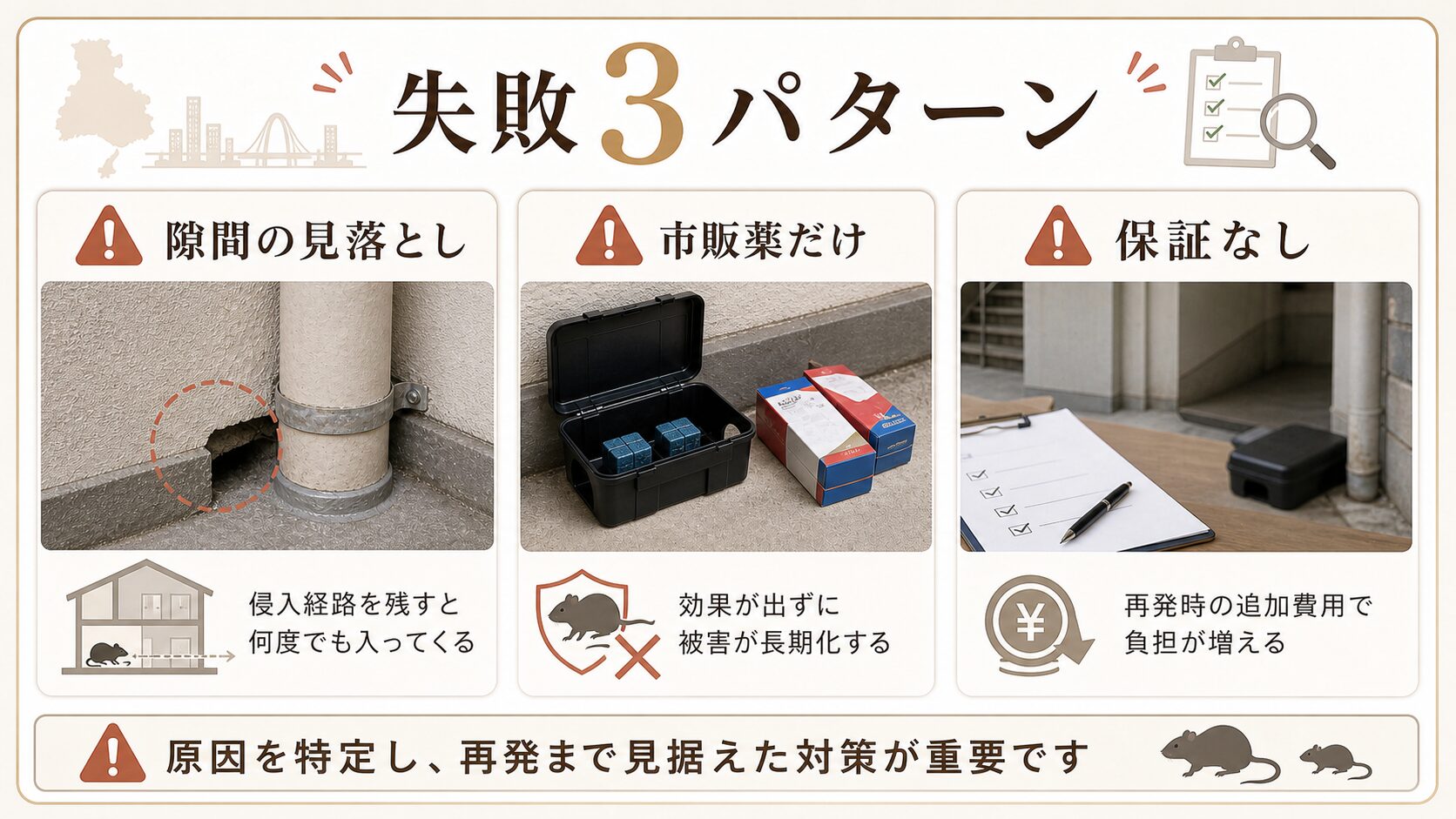 ネズミ駆除でよくある隙間の見落としや市販薬だけの失敗を示す図解