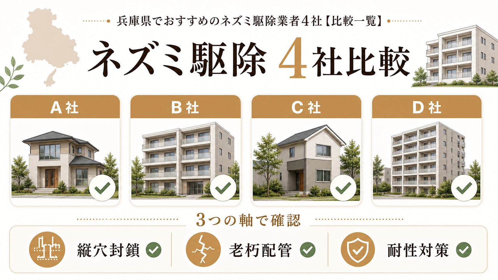 兵庫県対応のネズミ駆除業者4社を3つの評価軸で比較する図解