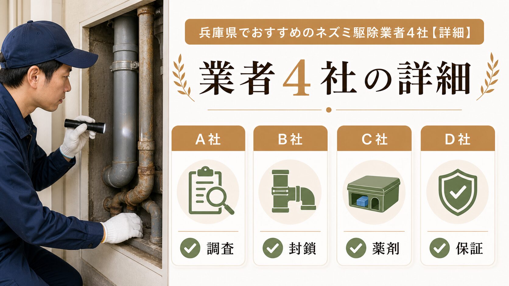 兵庫県対応のネズミ駆除業者4社の施工内容や保証を確認する図解