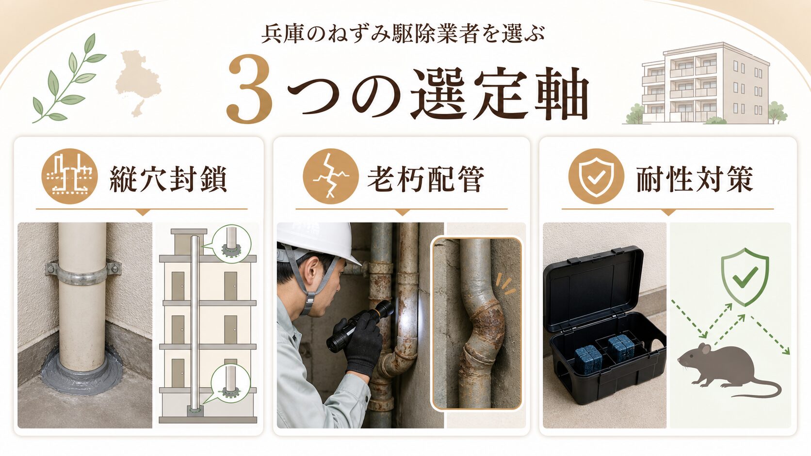 兵庫県のネズミ駆除業者を縦穴封鎖・老朽配管・耐性対策で選ぶ図解