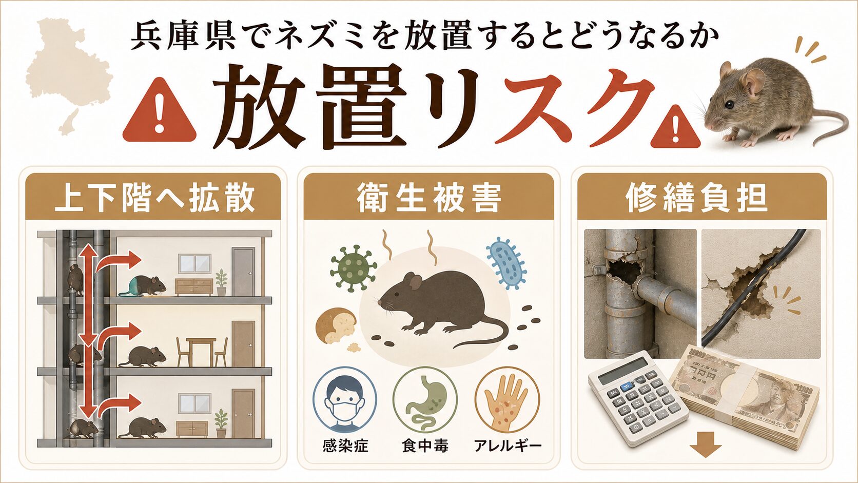 ネズミ被害を放置した場合の拡散や衛生被害リスクを示す図解
