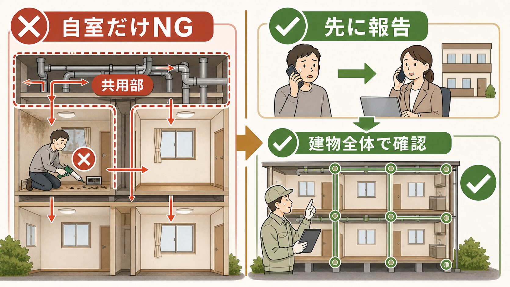 密集アパートで自室だけ対処せず管理会社へ報告して建物全体で確認する流れ