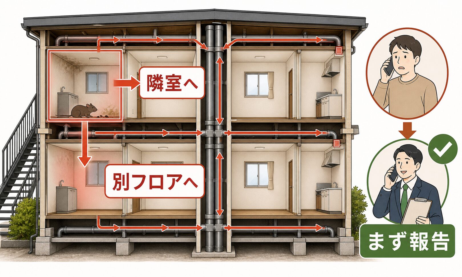 密集アパートでネズミ被害が隣室や別フロアへ広がる経路と管理会社への報告を示す図解