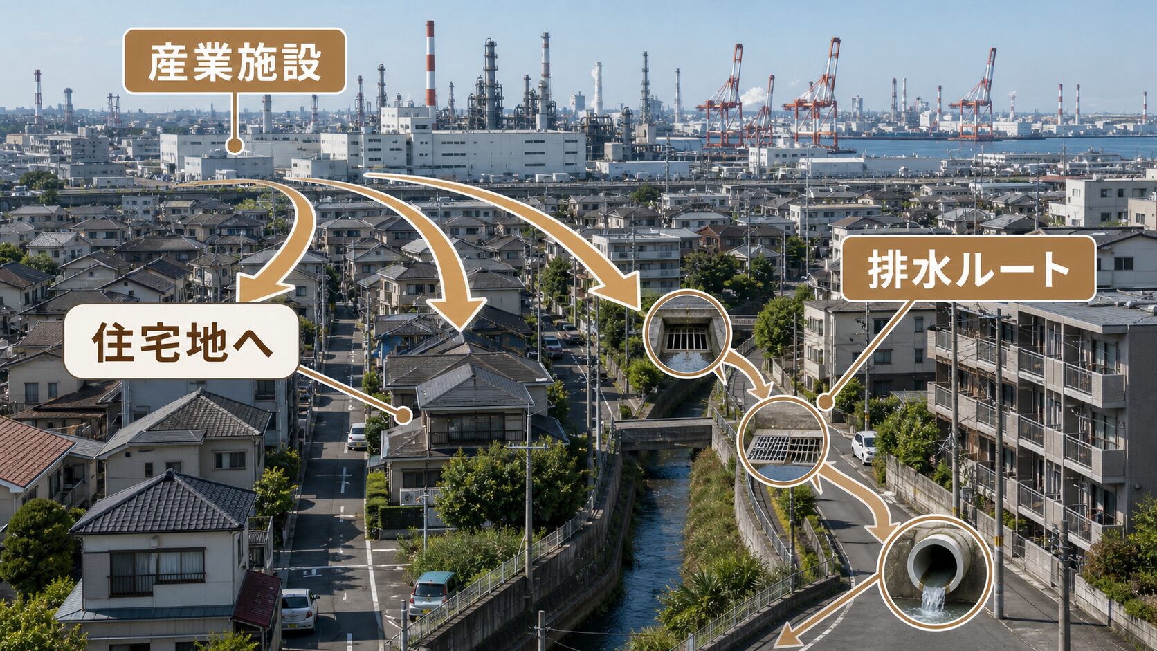 川崎密集市街地で産業施設から排水ルートを通じて住宅地へ広がる経路図