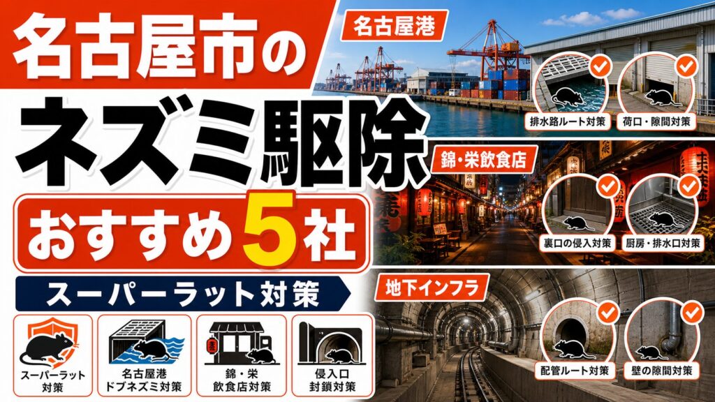 名古屋市のネズミ駆除おすすめ5社をスーパーラットや名古屋港、錦・栄の飲食店リスクの観点で比較する記事のアイキャッチ画像