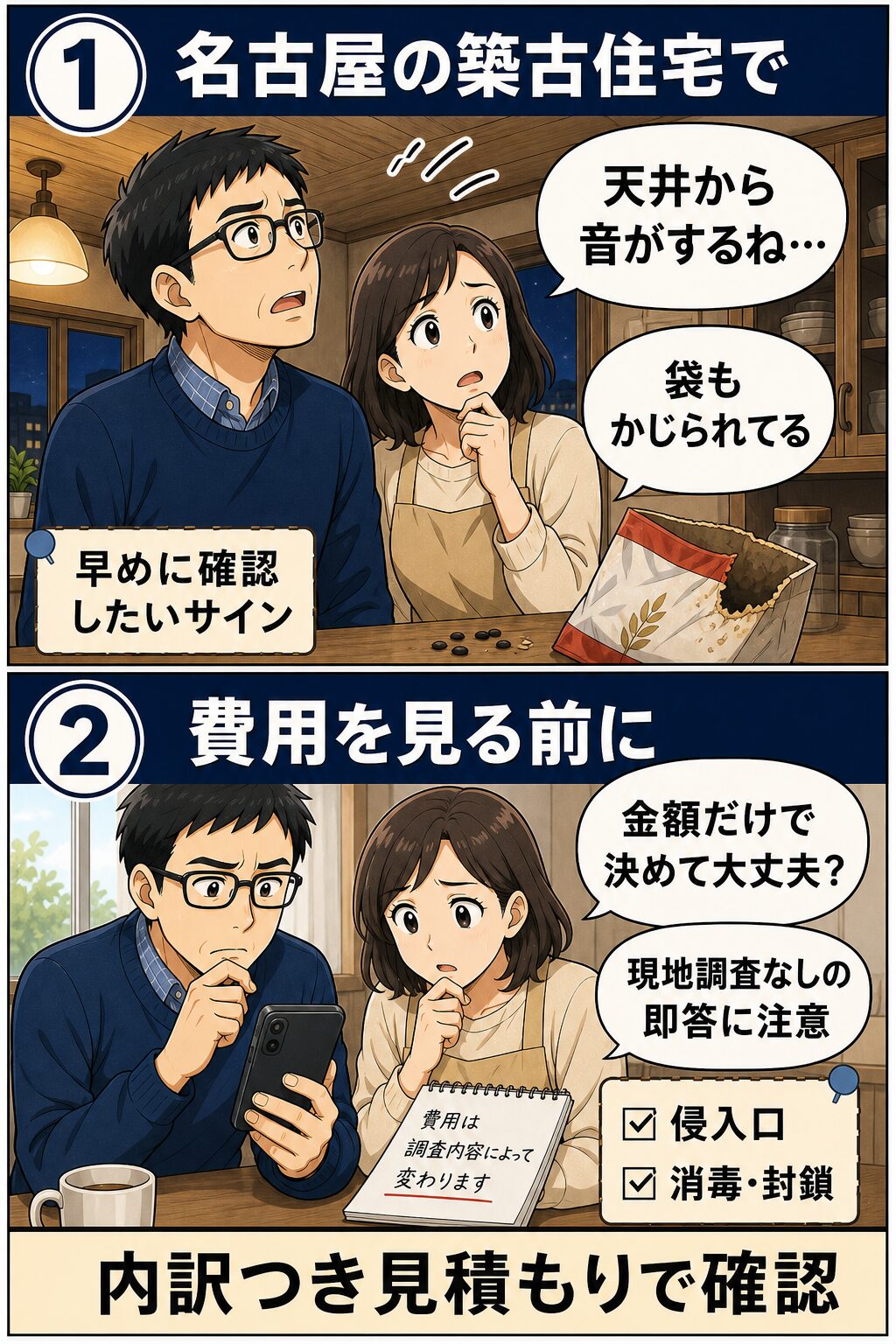 名古屋市の築古住宅でネズミ被害のサインと費用確認の注意点を紹介する漫画