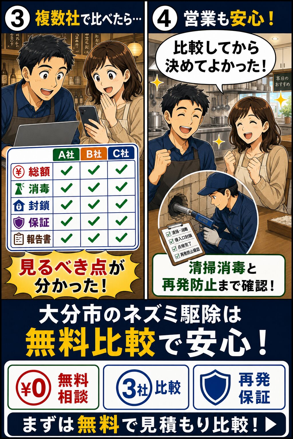大分市のネズミ駆除で複数社比較と清掃消毒や再発保証を確認する漫画
