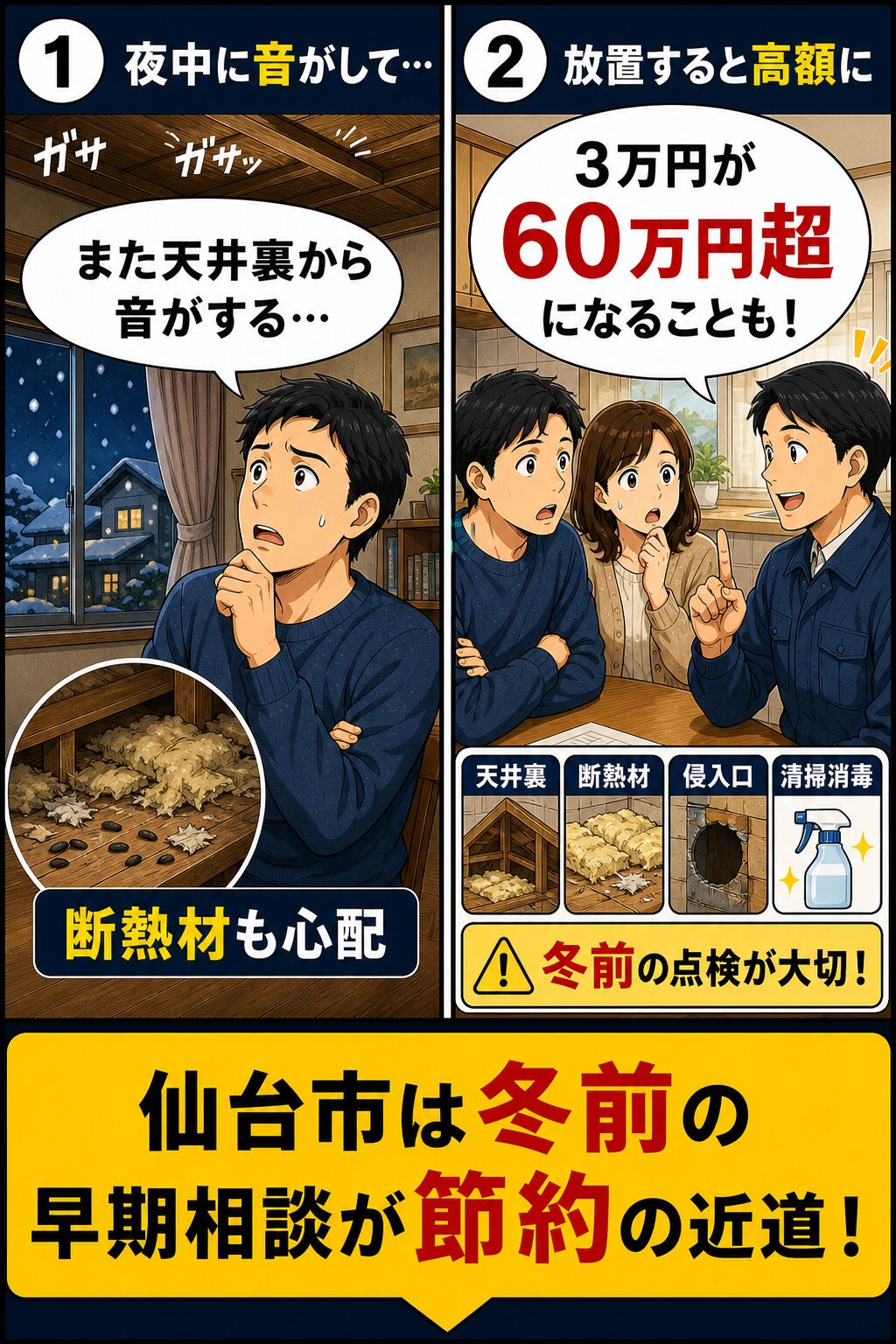 仙台市のネズミ駆除で冬の断熱材被害と費用高騰リスクを解説する漫画
