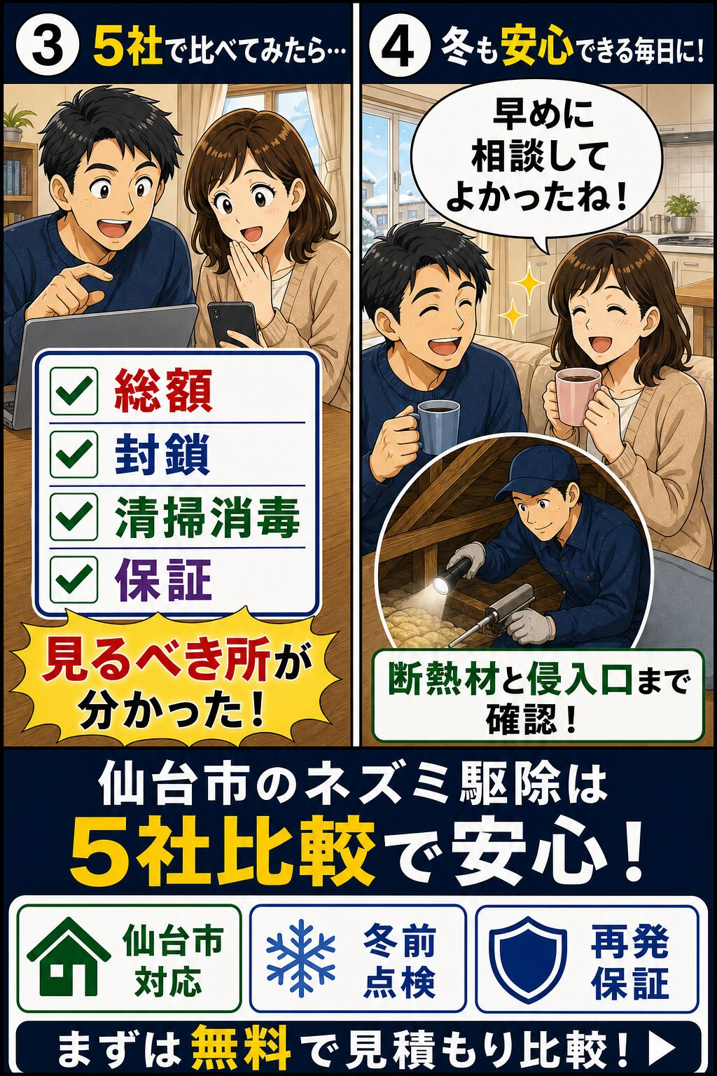 仙台市のネズミ駆除で5社比較と冬前点検の重要性を解説する漫画