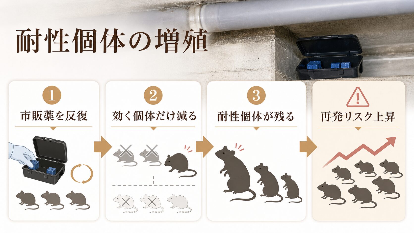 市販薬の反復使用で耐性個体が残り再発リスクが高まる流れの図解