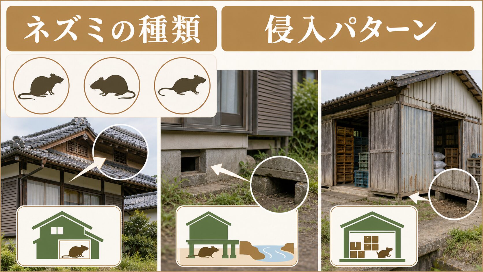 徳島に出るネズミの種類と侵入パターンを示す図解