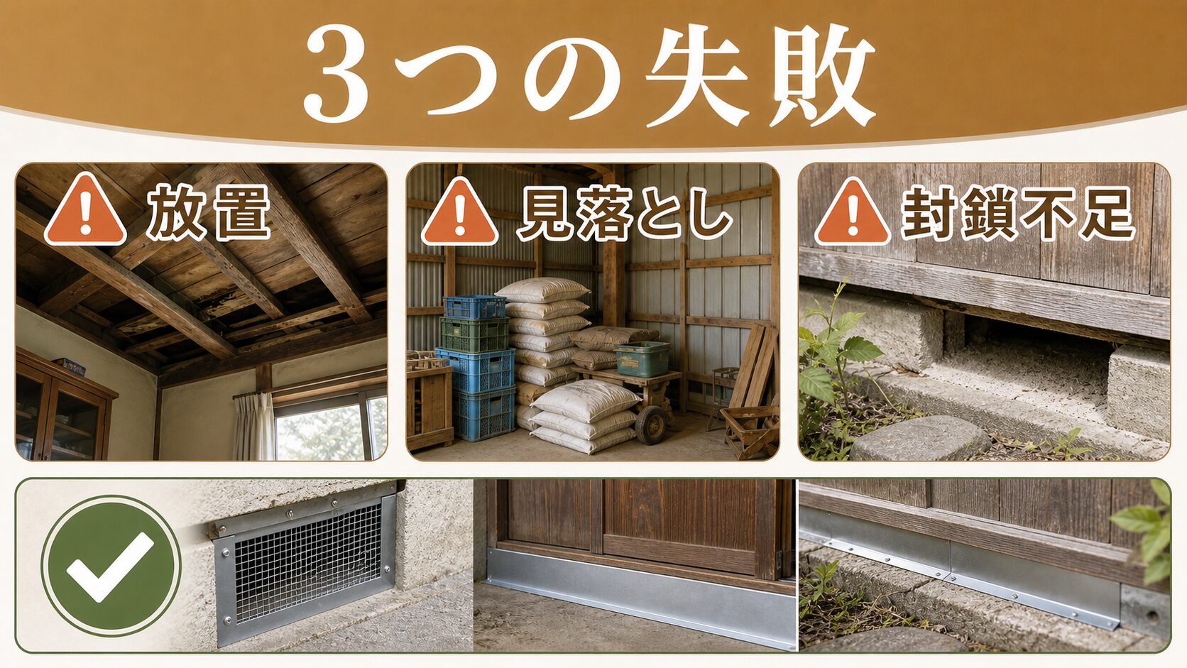 移住者や農家が陥りやすいネズミ駆除の失敗パターンを示す図解