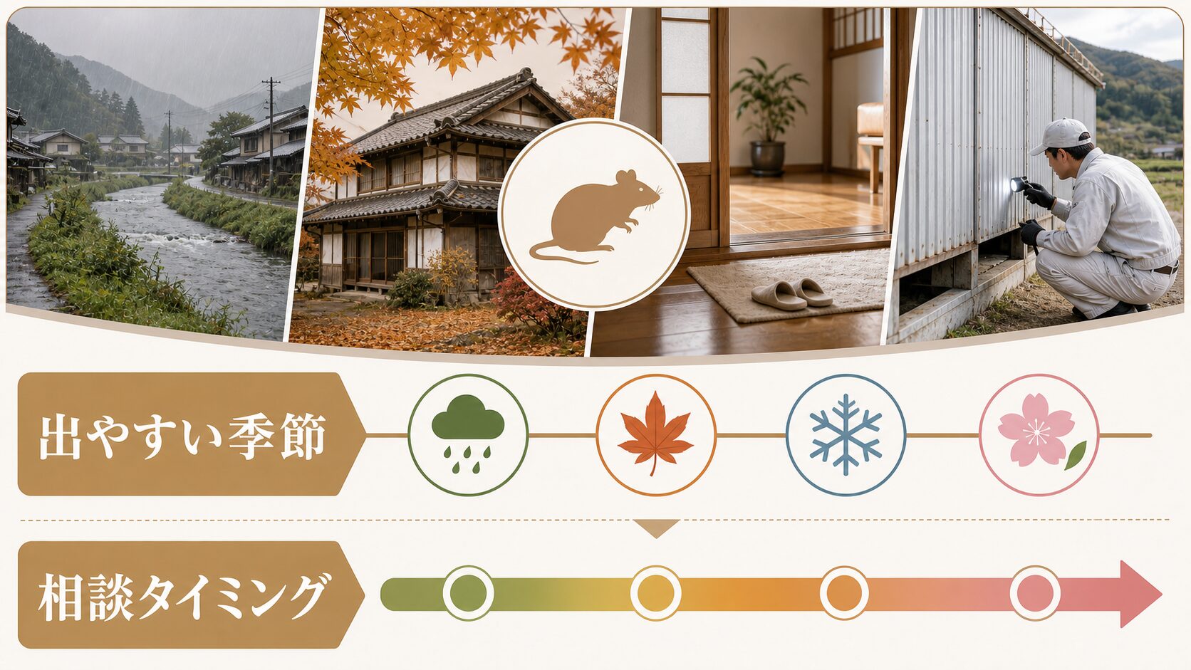 徳島でネズミが出やすい季節と相談タイミングを示す図解