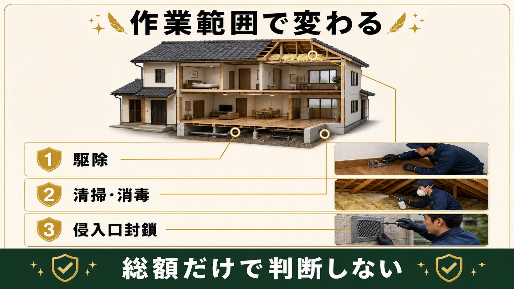 ネズミ駆除の作業内容によって金額の内訳が変わることを解説する図解