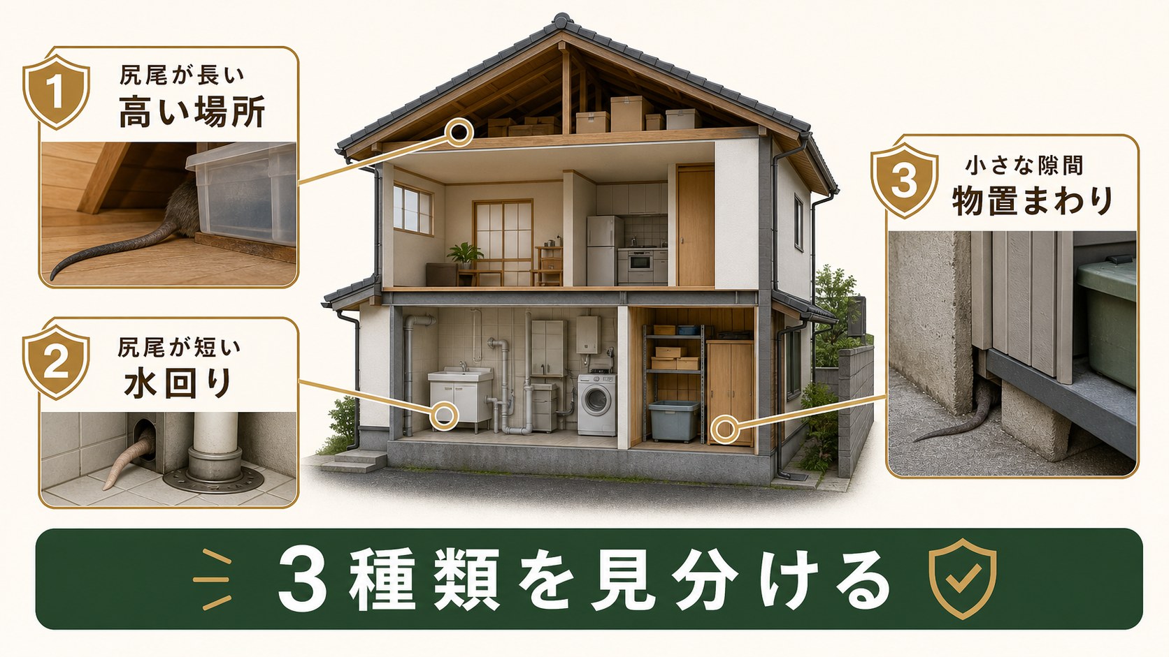 ネズミの種類を尻尾と生息場所から見分ける簡易判定のイメージ