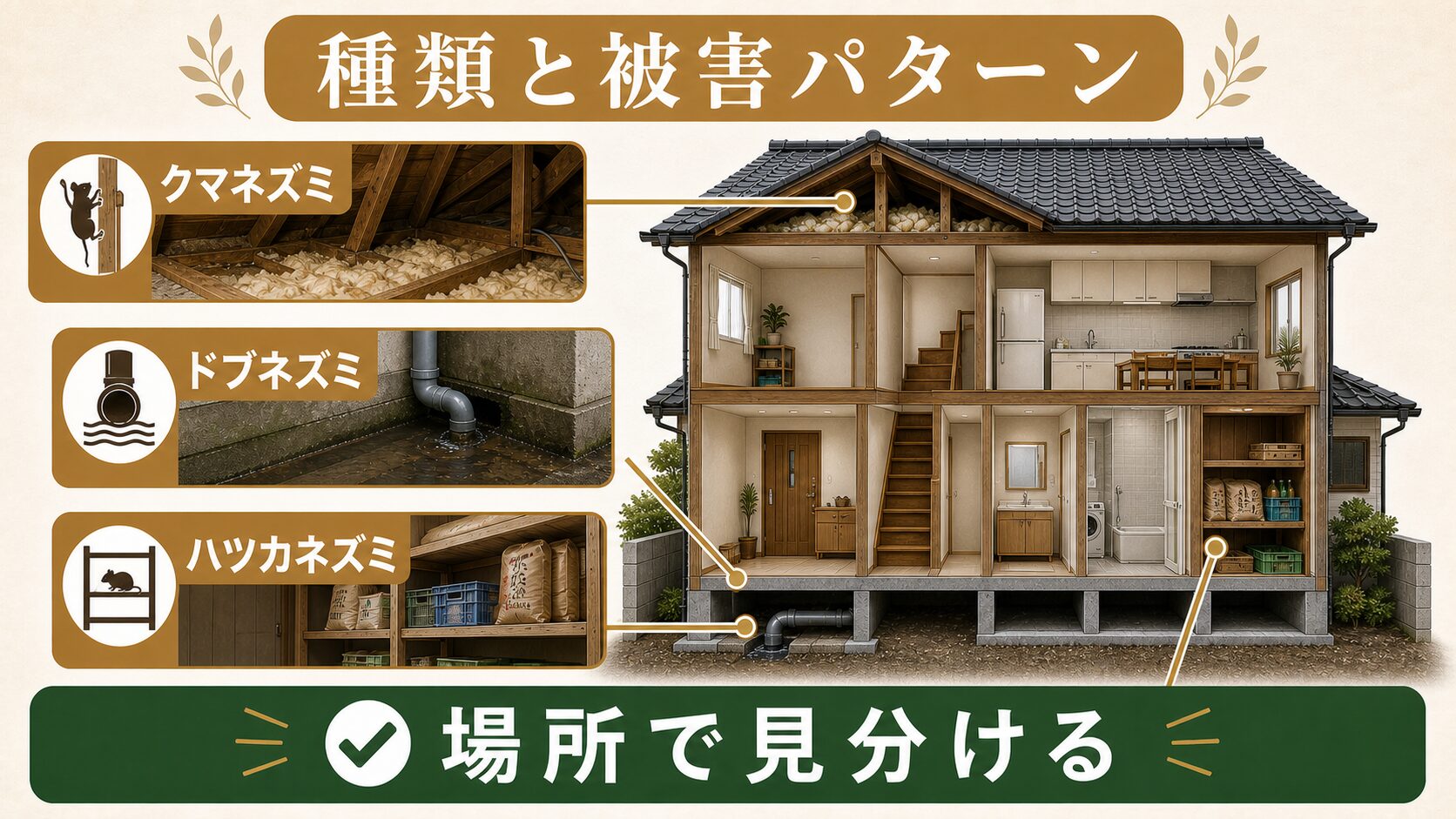 天井裏の足音、犯人はどれ?駆除ザウルスが教えるネズミ3種の見分け方のイメージ