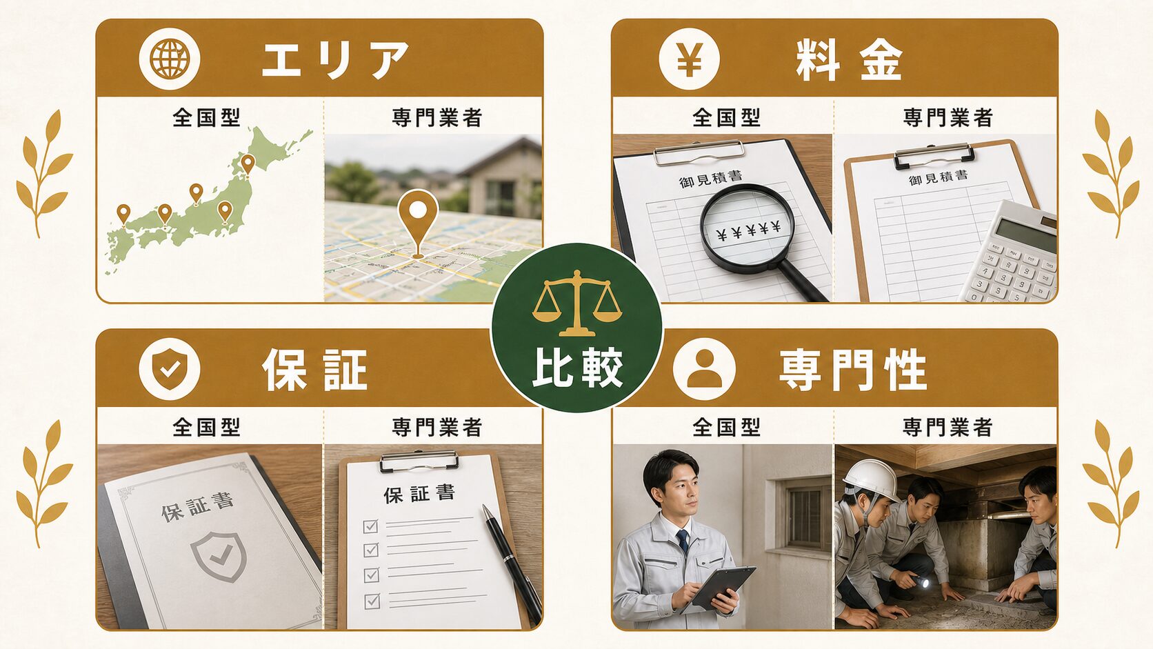 駆除ザウルスと専門業者、何が違う?早見表で比較のイメージ