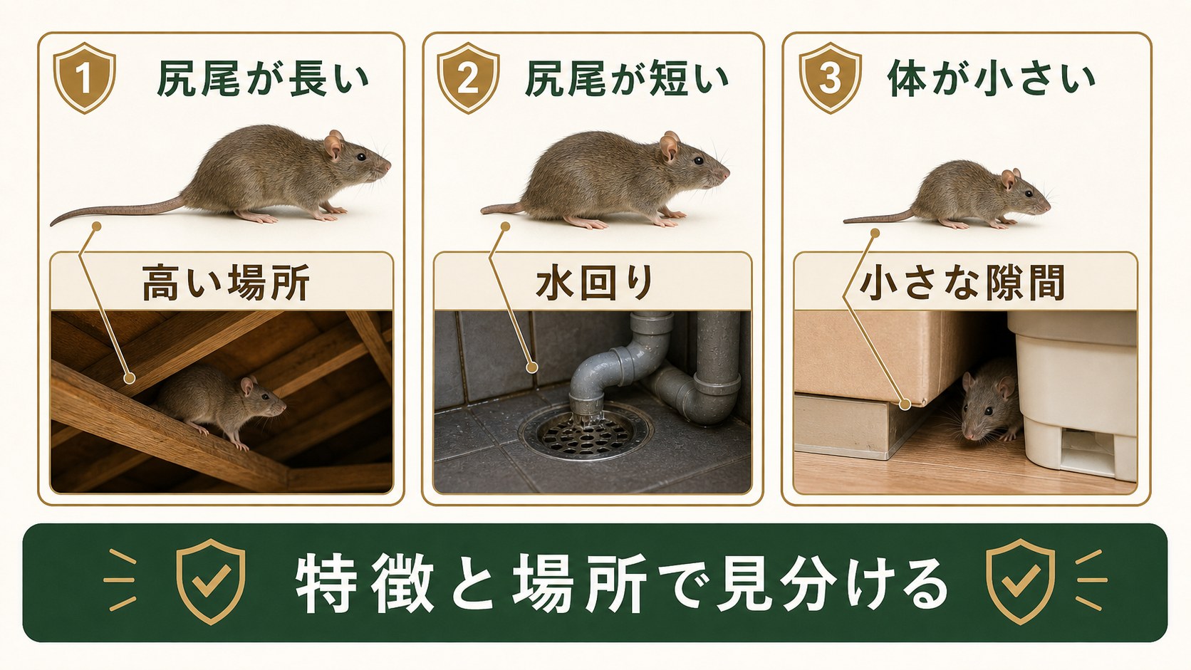 ネズミ3種類の尻尾の特徴と生息場所を比較するイメージ