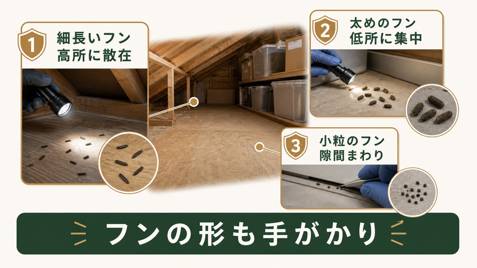 ネズミのフンの形状と落ちている場所を比較するイメージ
