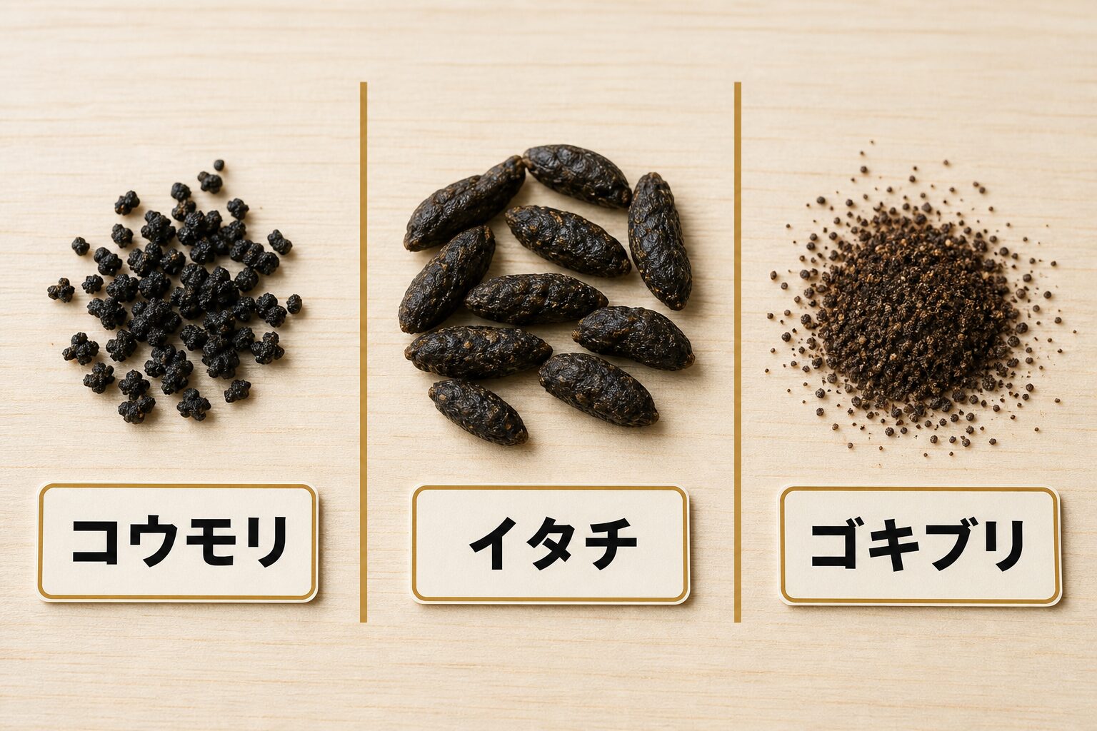 コウモリ・イタチ・ゴキブリの糞との比較