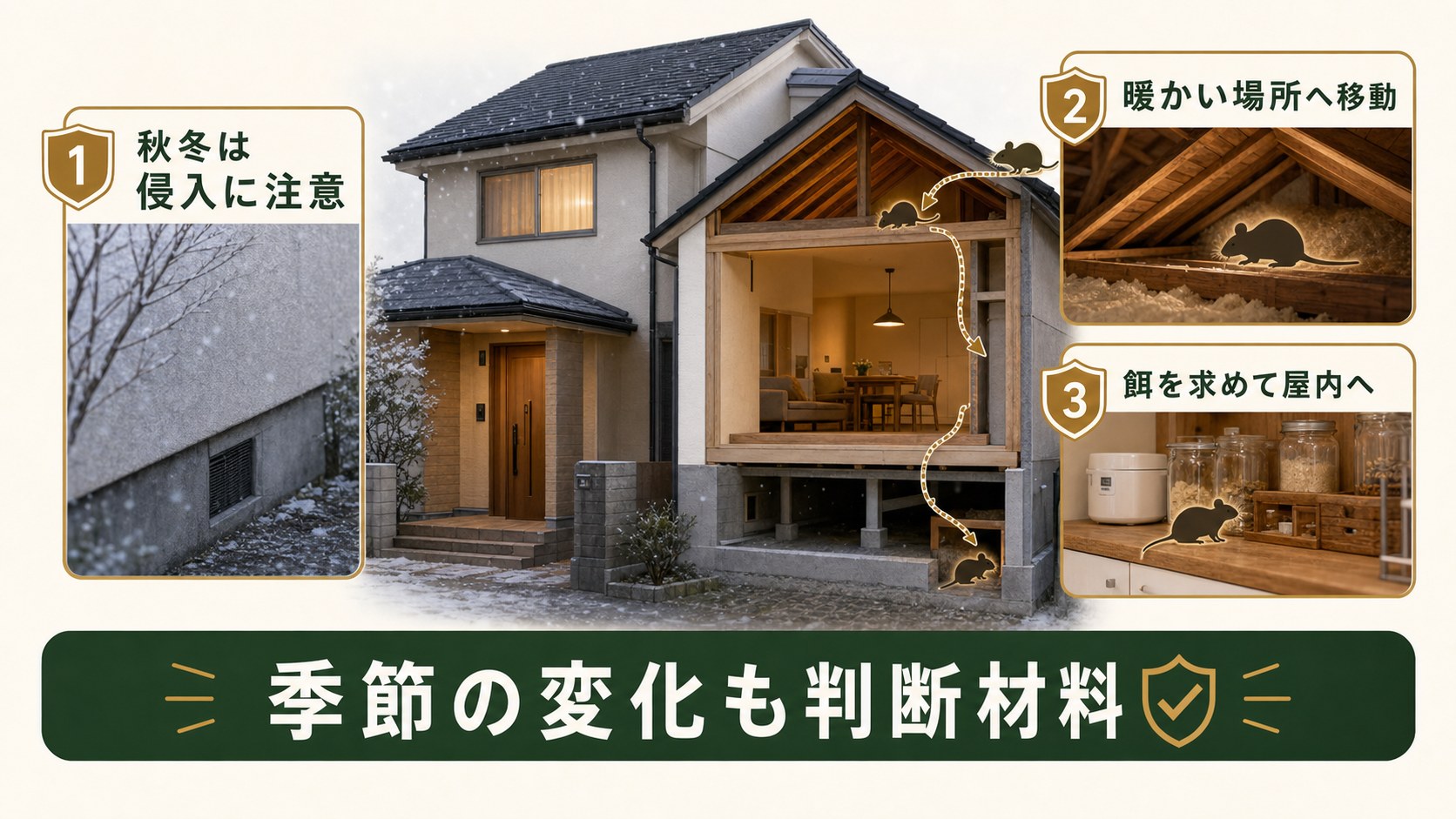 秋冬にネズミが暖かい屋内へ侵入しやすい様子のイメージ