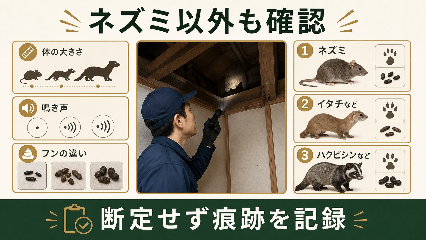 天井裏の物音がネズミ以外の動物である可能性を確認するイメージ