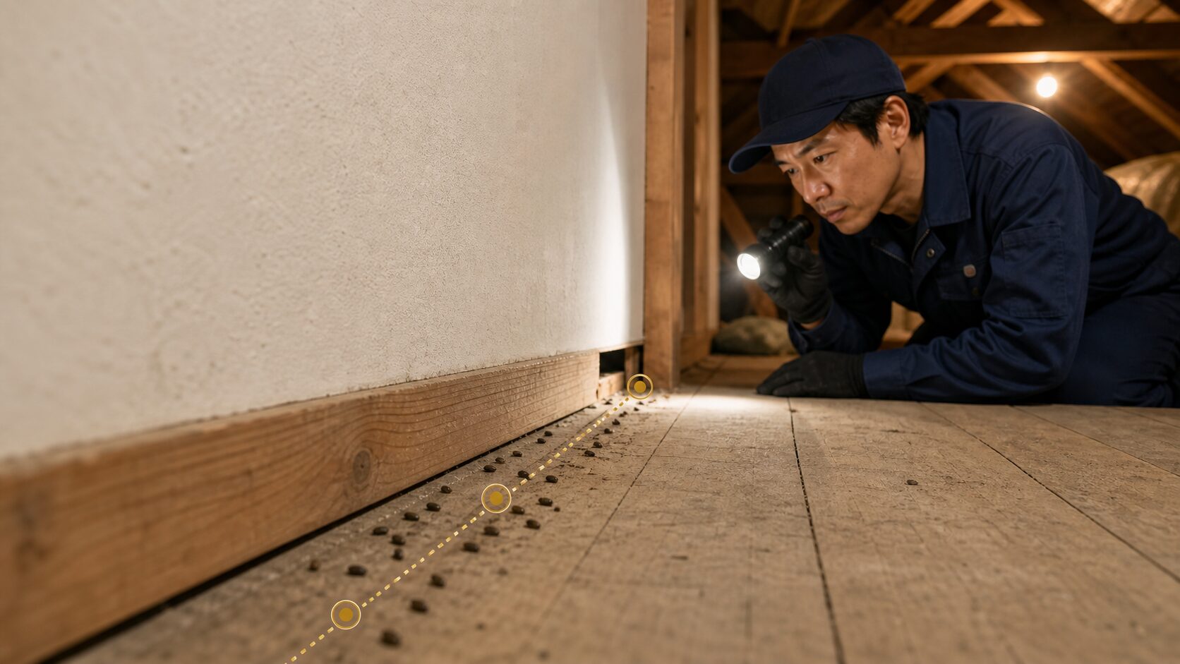 糞の並び方(ラットサイン)から侵入経路を読み解くイメージ